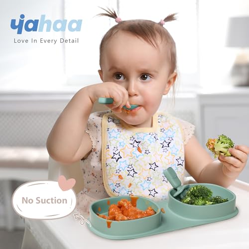 Silicone Foldable Novelty Dinner Plates, Baby Plates Travel Essential with Forks and Spoons, Microwave & Dishwasher Safe, Sage - color: Sage, style: No-Suction
