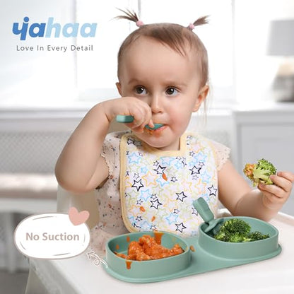 Silicone Foldable Novelty Dinner Plates, Baby Plates Travel Essential with Forks and Spoons, Microwave & Dishwasher Safe, Sage - color: Sage, style: No-Suction