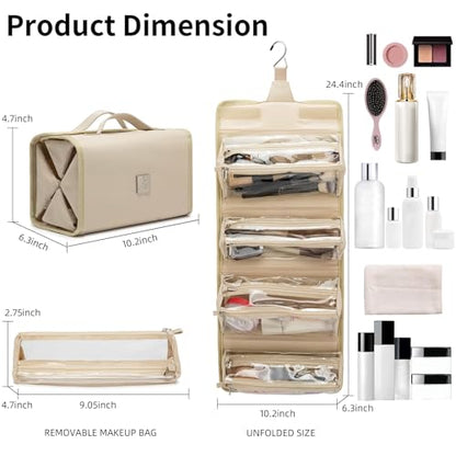 ROYALFAIR Roll Up Makeup Bag, Travel Toiletry Bag for Women with 4 Clear TSA Approved Pouches, Hanging Travel Organizer, Folding Cosmetic Bag for Men and Women - color: khaki