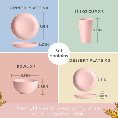 Teivio 32-Piece Kitchen Plastic Wheat Straw Dinnerware Set, Service for 8, Dinner Plates, Dessert Plate, Cereal Bowls, Cups, Unbreakable Colorful Plastic Outdoor Camping Dishes, Pink - color: Pink