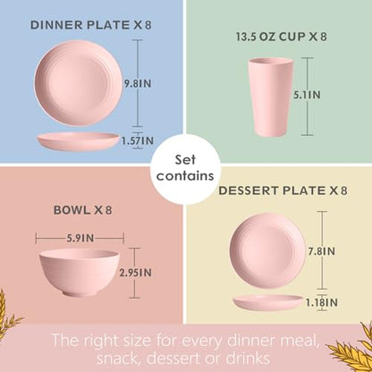 Teivio 32-Piece Kitchen Plastic Wheat Straw Dinnerware Set, Service for 8, Dinner Plates, Dessert Plate, Cereal Bowls, Cups, Unbreakable Colorful Plastic Outdoor Camping Dishes, Pink - color: Pink
