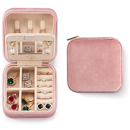 ZPROW Plush Velvet Travel Jewelry Case, Travel Jewelry Organizer, Jewelry Travel Case, Travel Jewelry Box, Small Jewelry Case for Women, Jewelry Travel Box, Earring Organizer with Mirror - Pink - color: Velvet 1 Pack - Dusty Pink