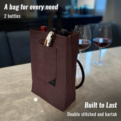 Under NY Sky Wine Tote Bag, Portable Canvas Carrier w/Shoulder Strap, Lightweight, Wine Gift for Travel & Picnic - Double Bottle - Burgundy - color: Wine Bag 2 Slots Burgundy