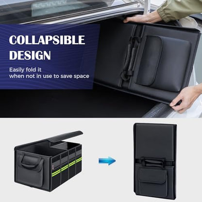 Coverado Car Trunk Organizer - 70L Nappa Leather Trunk Organizer for SUV with Lid, Multi Collapsible Car Storage Organizer Foldable, Multi Compartments with 2 Straps for SUV/Truck - size: L