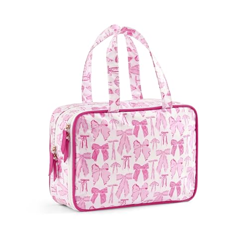 Travel Toiletry Bag for Women, Waterproof Clear Coated Portable Stripe Makeup Cosmetic Bag with Compartment, Travel Organizer for Shampoo, Conditioner, Brushes Set,Cosmetic Accessories(Pink Bow) - color: Pink Bow