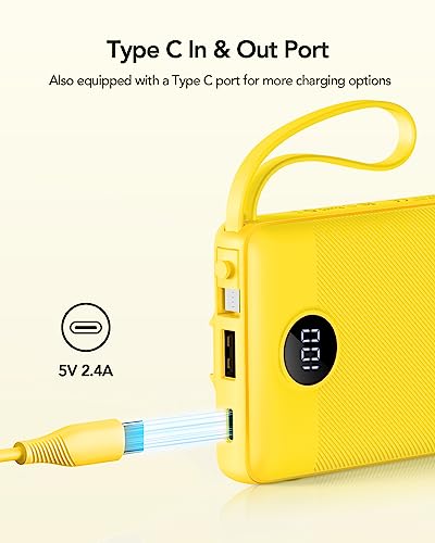 VRURC Portable Charger with Built-in Cables, USB C Portable Phone Charger 10000mAh, Lightweight Power Bank with 5 Output 2 Input Compatible with Smart Phones,Samsung,Android etc-Yellow(1 Pack) - color: Yellow