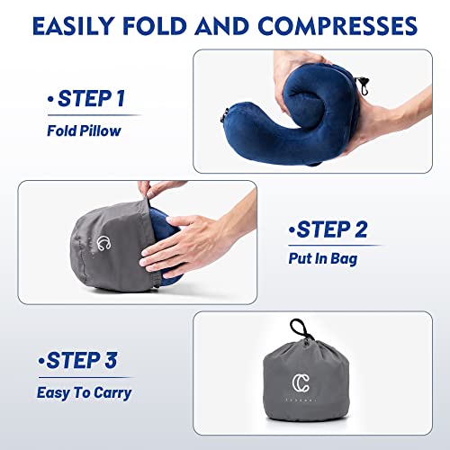Neck Pillow with Hood - Memory Foam Neck Pillow Head Chin Support, Airplane, Car, Office & Home Sleep Rest Travel Pillows with Hood (Navy Blue, M)