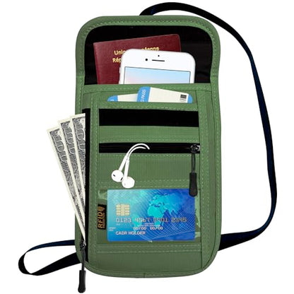 RFID Blocking Travel Neck Wallet Pouch and Passport Holder, Travel Neck Pouch Passport Holder for Women & Men - Army Green - color: 002Green