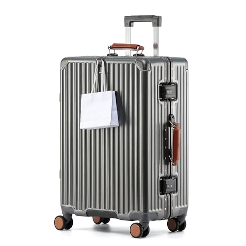 HotWay 26 Inch Hardside Checked Luggage with Leather Handle, PC Zipperless Suitcase with Spinner Wheels and TSA Locks, Lightweight Checked Luggage for Travel, Grey - color: Grey, size: Checked in 26inch