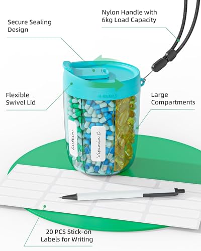 PULIV Large Pill Bottle Organizer, Supplement Organizer for Holding 6 Various Vitamins, Pill Box Case with Anti-Mixing & Wide Opening Design, Easy to Retrieve Meds and 20 Pcs Stick-on Labels, Blue - color: Blue