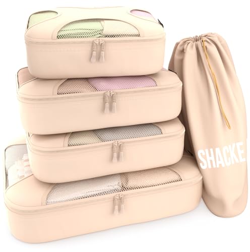Shacke 5 Set Packing Cubes for Travel – Luggage Organizer & Suitcase Bags with Laundry Bag, Carry On Packing Organizer, Travel Accessories for Women Men (Cream) - color: 5 Set - Cream, size: Set of 5