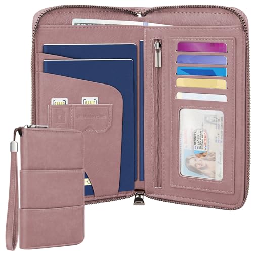 Family Passport Holder Wallet with Zipper, RFID Blocking Travel Document Organizer, PU Leather Passport Wallet for Women Men, Passport Cover Travel Wallet for Boarding Pass, ID, Money, Ticket - color: Pink
