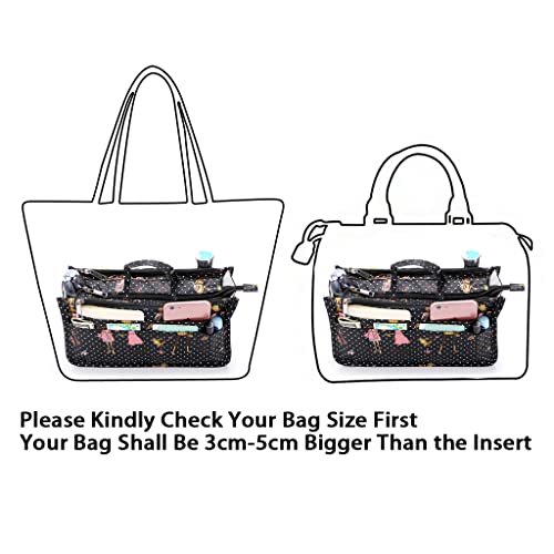 BTSKY Printing Handbag Organizers Inside Purse Insert-High Capacity 13 Pockets Bag Tote Organizer with Handle Fashion Style - color: Black+Pink