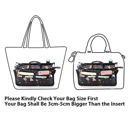 BTSKY Printing Handbag Organizers Inside Purse Insert-High Capacity 13 Pockets Bag Tote Organizer with Handle Fashion Style - color: Black+Pink