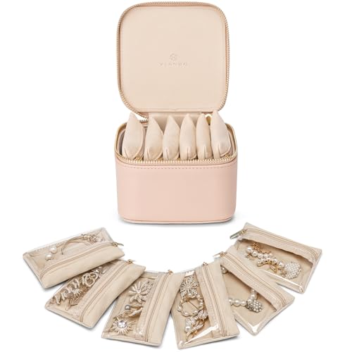 Vlando Jewelry Travel Case,Travel Jewelry Organizer with Clear Velvet Jewelry Bags 6Pcs Zipper Pouch for Women Gift Ideas for Birthday Wedding Graduation-Khaki - color: B.6PCS Khaki