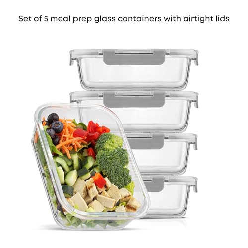 JoyJolt Glass Food Storage Containers with Lids. 5 Pack Glass Meal Prep Containers Reusable 35oz Single Compartment Airtight Container Set. Lunch Containers for Adults and Kitchen Storage Containers - color: Gray