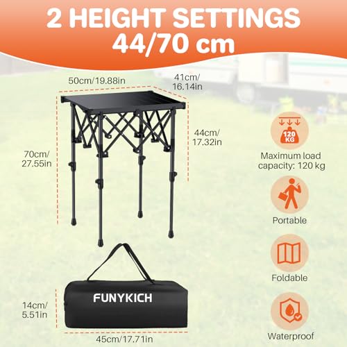 FUNYKICH Folding Camping Table(L19.9''xW16.1''), Aluminum Roll-up Portable Picnic Table with 2 Adjustable Height(17.3'' & 27.6'') for Picnic, Camping, BBQ, Party, Backyard, Beach - size: 19.9''L x 16''W x (28''/17.3'')H