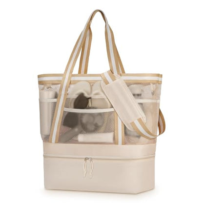 WOOMADA Beach Tote Bag With Cooler, Large Mesh Beach Bags for Women with Wet Pocket, Pool, Swim, Travel Essentials - color: Beige