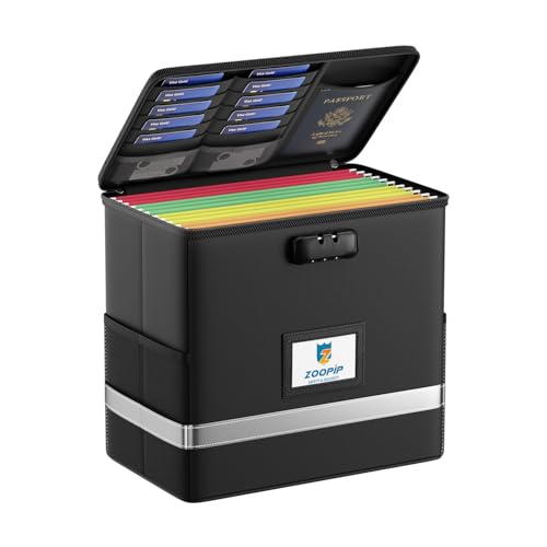 Fireproof File Box with Lock, Document Box Storage Organizer, Suitable for Hanging File Folders in Letter Size, Collapsible File Box, Reflective Strip for Fast Find (12.2"*6"*10.2, Black) - color: Black, size: 12.2"x6"x10.2"