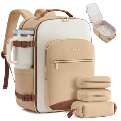 LOVEVOOK 40L Travel Backpack for Women & Men, Airline Approved Carry On Luggage with 3 Packing Cubes, TSA Overnight Bags, Waterproof Personal Item Bag, Weekender Essentials Backpacks fits 17" Laptop - color: Beige Yellow-beige-brown, size: Large