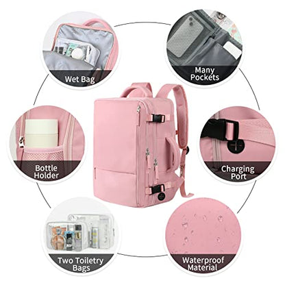 Hanples Carry on Travel Backpack for Women, Large 35L Personal Item Luggage Backpack,17 inch Laptop Backpack TSA Flight Approved, Travel Essentials Casual Daypack with 2 Toiletry Bags (Pink) - color: Pink, size: Large