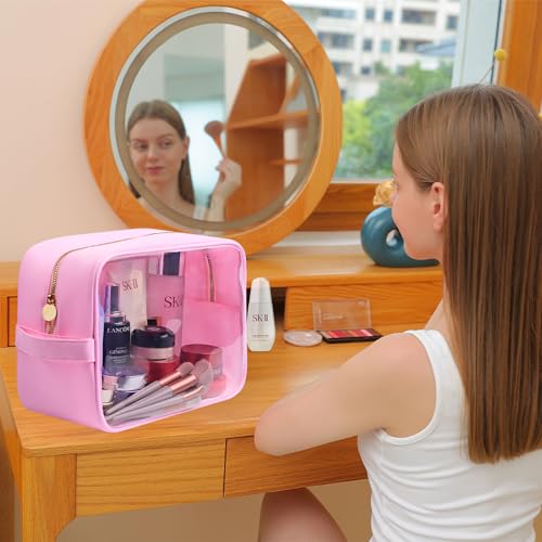 Clear Large Makeup Bag Travel Essentials Toiletry Bag Cosmetic Pouch Gifts for Women Nylon Bathroom Bag XL, Light Pink - color: Clear Light Pink, size: XL