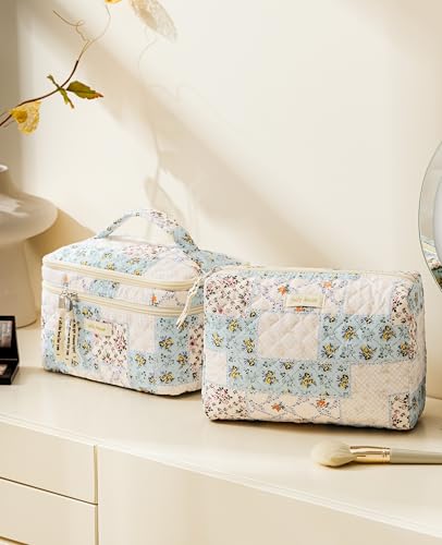 HBselect 2Pcs Travel Makeup Bag, Large Cotton Quilted Makeup Bag Cosmetic Bag Cute Make up Bag Toiletry Bags for Women Girls - color: 2PCS-BLYLFLOWER