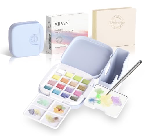 Mini Watercolor Paint Set - Compact Travel Art Kit with 16 Colors,Detail Paint Brush, Palette & Watercolor Sketchbook - Pocket Travel Watercolor Set, Painting Sets, Art Supplies -Peal Colors - color: Pearl Colors