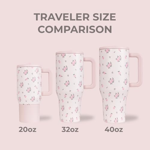 HydroJug Traveler - 32 oz Water Bottle with Handle & Flip Straw - Fits in Cup Holder, Leak Resistant Tumbler-Reusable Insulated Stainless Steel & Rubber Base - Gifts for Women & Men, Wildrose - color: Wildrose, size: 32oz