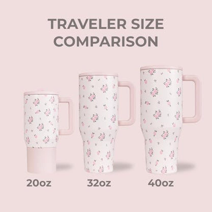 HydroJug Traveler - 40 oz Water Bottle with Handle & Flip Straw - Fits in Cup Holder, Leak Resistant Tumbler-Reusable Insulated Stainless Steel & Rubber Base - Gifts for Women & Men, Wildrose - color: Wildrose, size: 40oz
