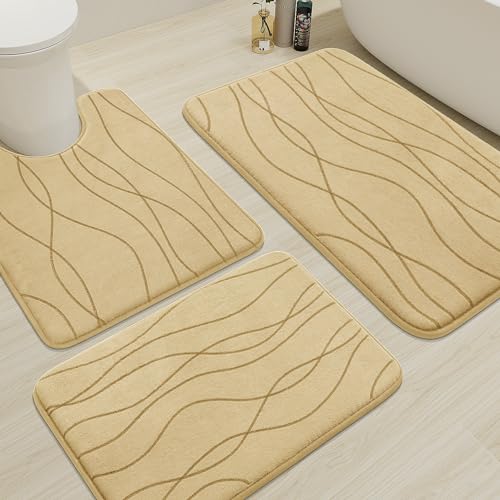 YIHOUSE Memory Foam Bathroom Rug Sets, 3 Piece, Beige | Ultra Soft, Absorbent, Non-Slip, Machine Washable - color: Beige, size: 1'8" x 2'8"