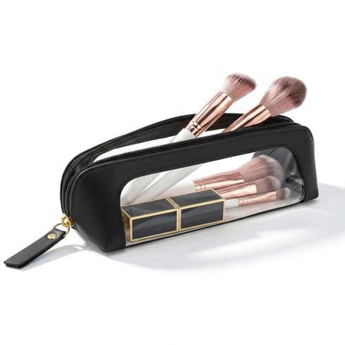LETGO Clear Travel Makeup Brush Bag, Leather Portable Makeup Brush Bag Organizer Pouch Lipstick Bag Transparent Waterproof Makeup Bag Car Orangizer Storage Bag for Women (Slim Black) - color: Slim Black