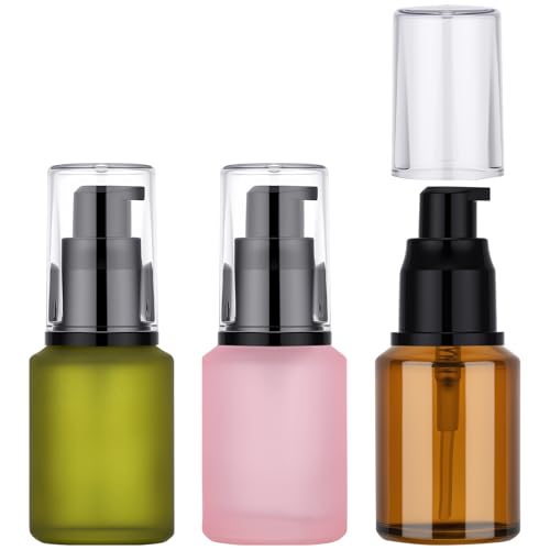 Segbeauty 1oz Frosted Glass Pump Bottle for Oils, 3pcs Mini Refillable Lotion Bottles for Travel, 30ml Travel Size Serum Bottle Empty, Portable Small Liquids Dispensers Cream Container in Mixed Color - color: Amber Pink Green, style: 3pcs 1oz