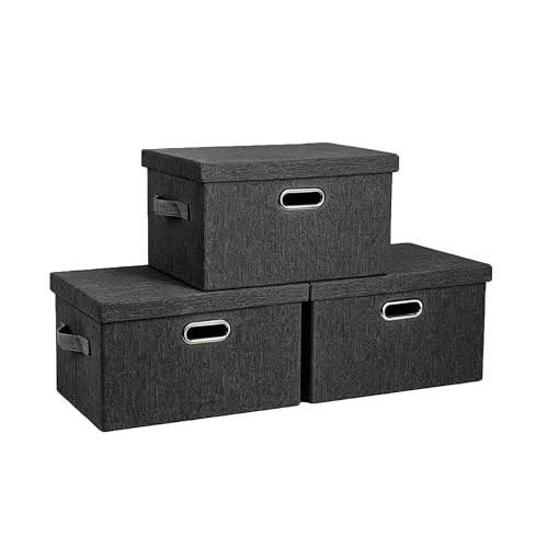 Collapsible Storage Bin with Lid Linen Fabric Foldable Storage Box Organizer with Cover Suitable for Home Bedroom Office Nursery (Black, Medium-3Pack) - color: Black, size: Medium-3Pack