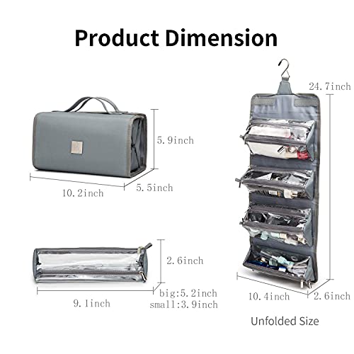 ROYALFAIR Roll Up Makeup Bag, Travel Toiletry Bag for Women with 4 Clear TSA Approved Pouches, Hanging Travel Organizer, Folding Cosmetic Bag for Men and Women - color: Grey