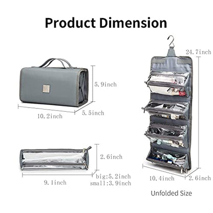 ROYALFAIR Roll Up Makeup Bag, Travel Toiletry Bag for Women with 4 Clear TSA Approved Pouches, Hanging Travel Organizer, Folding Cosmetic Bag for Men and Women - color: Grey