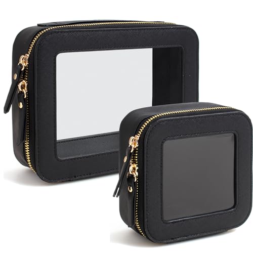 Travel Clear Makeup Bag Set, TSA Approved Cosmetic Bag Case with Zipper Portable Makeup Pouch Toiletry Bag Traveling Cosmetic Organizer Storage Bag Car Organizer Car Essentials - color: Mini+Large Black