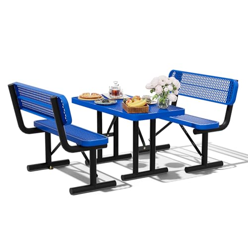 4FT Outdoor Metal Picnic Table with 2 Benches,Heavy Duty Rectangular Picnic Table Set for Outside, Waterproof Commercial Restaurant Table Furniture for Park, Campfield, Patio, Garden, Yard - color: Set A-blue, size: 4FT