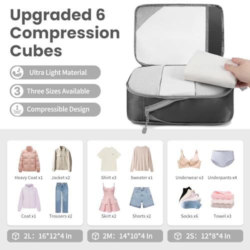 Compression Packing Cubes for Travel, Lightweight Vacation Travel Essentials, Travel Accessories for Suitcase Organizer Bags Set, Durable Luggage Organizer - color: Grey, size: 6 set-Half Mesh