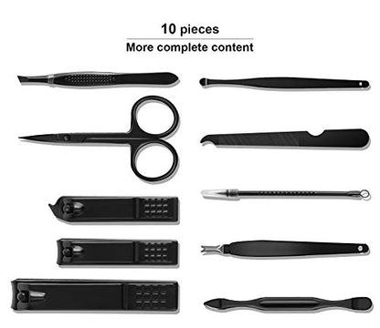 Manicure Set, Travel Mini Nail Clippers Kit Pedicure Care Tools, 10pcs Stainless Steel Grooming kit (Black) - color: Black