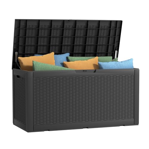 120 Gallon Outdoor Deck Box, Lockable Waterproof Outdoor Storage Boxes For Garden Tools,Indoor Cushions,Accessories Outside Storage Resin Weatherproof Container(Black) - color: Black, size: 120 Gallon
