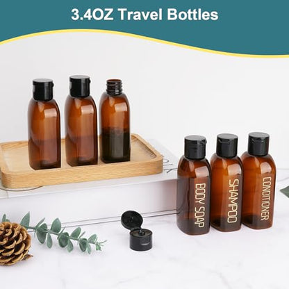 Cosywell Travel Bottles for Toiletries - 6 PCS Shampoo Bottles, TSA Approved Travel Size, Leak Proof Containers with Flip Cap - color: H-3.4oz-Brown-3label3blank