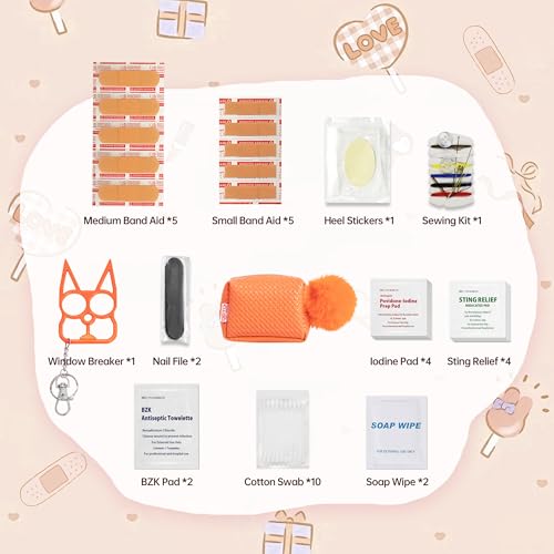 Kitgo Mini First Aid Emergency Clutch Kit -Mother Day Gift Compact Safety Pouch Party Bag with 27 Essential Items for Girl Lady Mother Wife Nurse for Girl Lady Mother Wife Nurse - color: Cranberry Orange