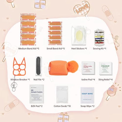 Kitgo Mini First Aid Emergency Clutch Kit -Mother Day Gift Compact Safety Pouch Party Bag with 27 Essential Items for Girl Lady Mother Wife Nurse for Girl Lady Mother Wife Nurse - color: Cranberry Orange