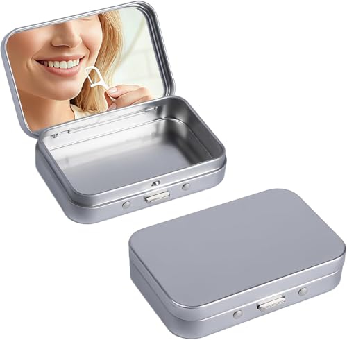 2Pack Dental Floss Portable Case,Refillable Portable Floss Pick Holder Container with Mirror,Small Floss Dispenser for Travel, Dates,Dinners and Hotels(Silver) - color: Silver