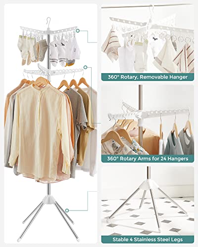SONGMICS 2-Tier Clothes Drying Rack, 72-Inch Folding Laundry Drying Rack with 3 Rotatable Arms for Hangers, 24 Clips, Stainless Steel, for 27 Pieces of Clothes, White and Silver ULLR512W01 - color: White + Silver, style: 2-Tier-Clip