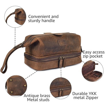 LEATHER VILLAGE Genuine Leather Dopp Kit – Large Travel Toiletry Bag with Waterproof Lining, Dual-Zip Design for Men & Women, Organizer for Shaving, Makeup & Essentials - Rustic Brown - color: Rustic Brown