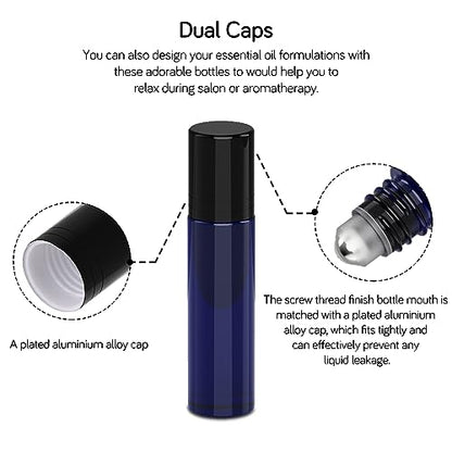 PrettyCare 10 ml 4 Pack Essential Oil Roller Bottles with Stainless Steel Roller Ball - Refillable Leak-proof Empty Thick Blue Glass Roll on Bottles with Black Caps for Travel, Perfume - color: Blue with Black Cap, size: 4 Pack