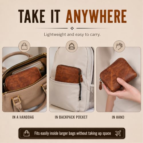 Full Grain Leather Cosmetic Bag – Zippered Makeup Pouch for Women, Small Travel Toiletry & Organizer Pouch for Purse, Premium Handmade Leather (5 × 4 × 2.5 in) - color: Tan