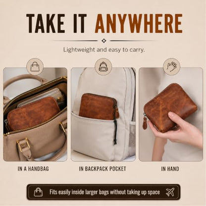 Full Grain Leather Cosmetic Bag – Zippered Makeup Pouch for Women, Small Travel Toiletry & Organizer Pouch for Purse, Premium Handmade Leather (5 × 4 × 2.5 in) - color: Tan